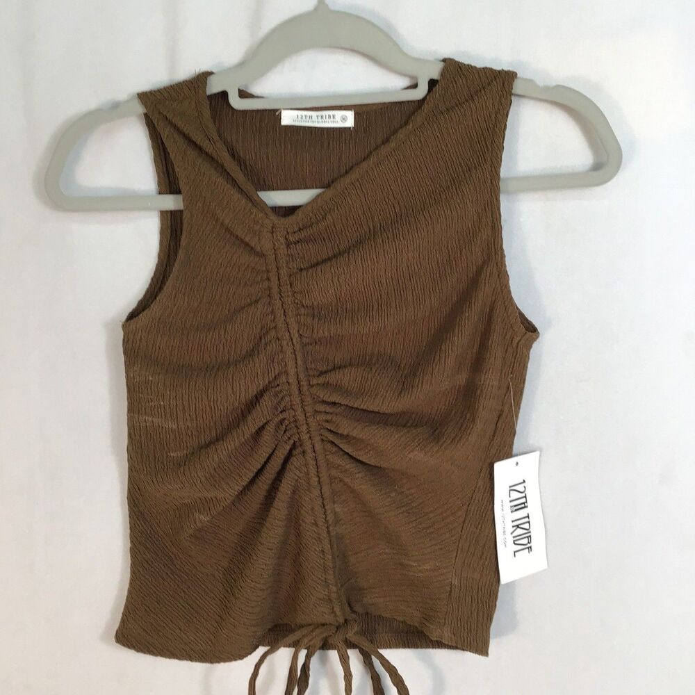 NEW 12th Tribe Blouse Top Juniors Medium Assymetrical Sleeveless Stretch Brown